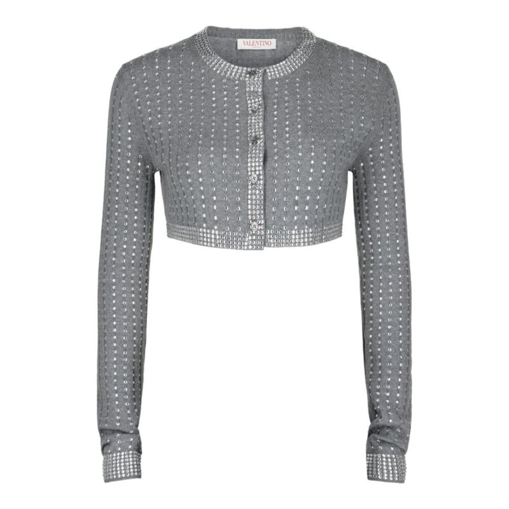 Valentino Cropped Crystal-Embellished Ribbed Wool Cardigan Grey Womens